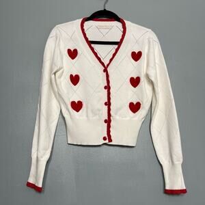 Bella Poque Hearts Long Sleeve V-Neck Cropped Sweater Cardigan Women’s Size S